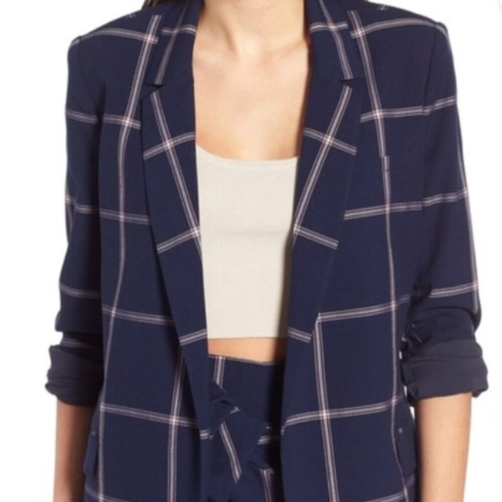 Leith Navy Windowpane Blazer XL Open Front Plaid Jacket